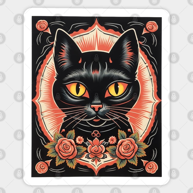 Vintage Retro Black Cat Roses Sticker by AI Art Originals